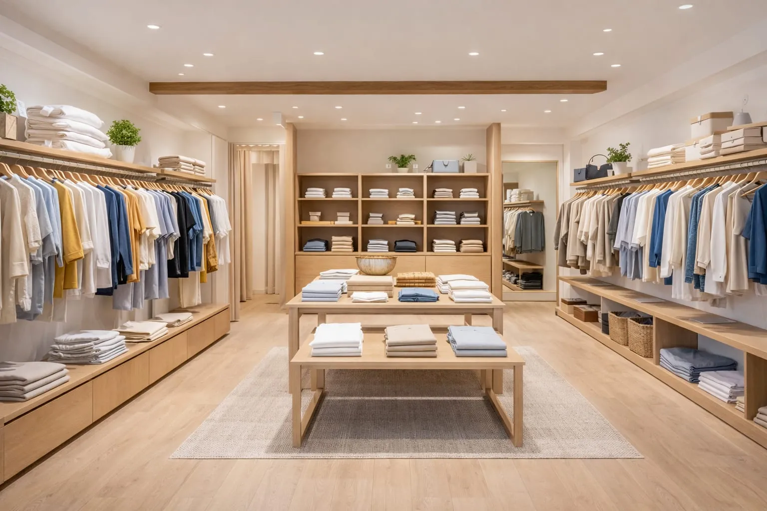 Interior de una tienda con estanterías de madera y ropa doblada, impecable