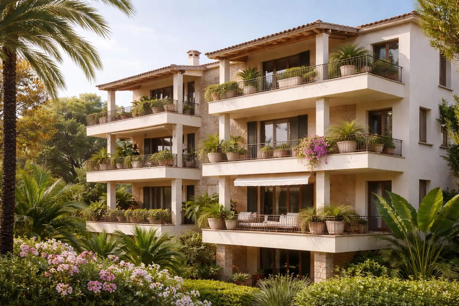 Edificio residencial mediterráneo con balcones ajardinados