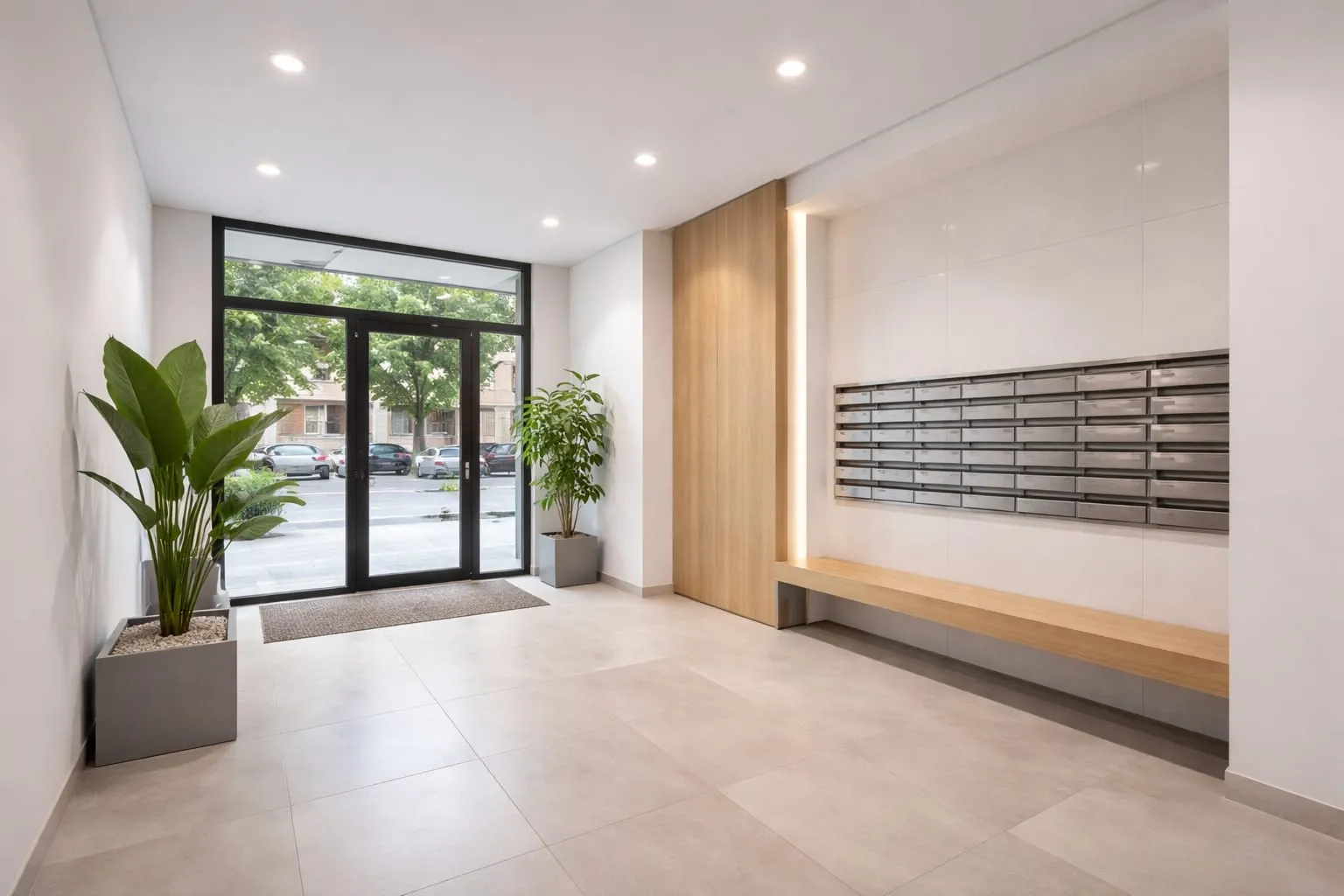 Patio comunitario con mesas y bancos, ordenado y cuidado