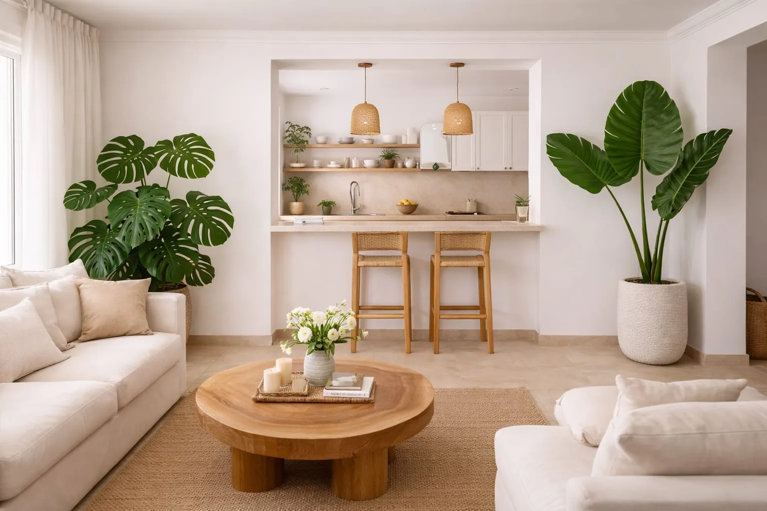 Salón con office abierto a la cocina, limpio y ordenado, con plantas