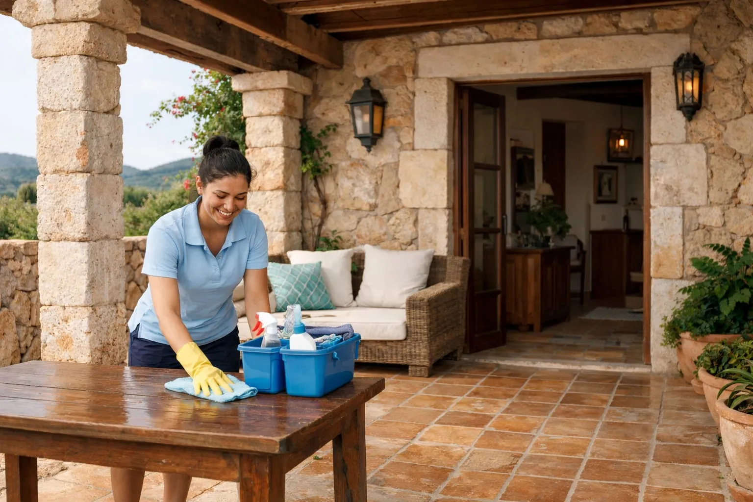 Profesional de Loto Limpiezas preparando una terraza de una vivienda vacacional en Mallorca
