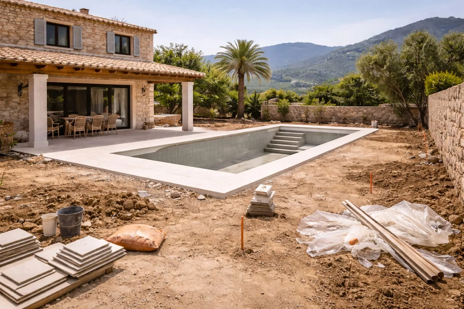 Finca con piscina en construcción, con restos de obra alrededor