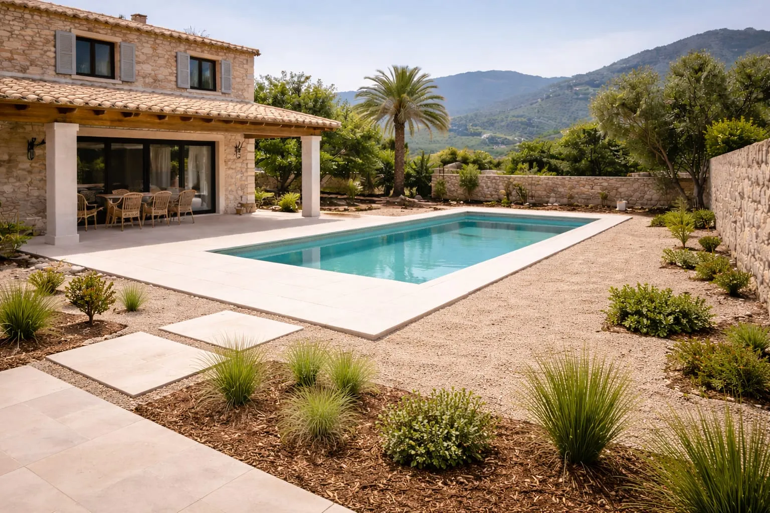 La misma finca con la piscina y el exterior terminados y limpios