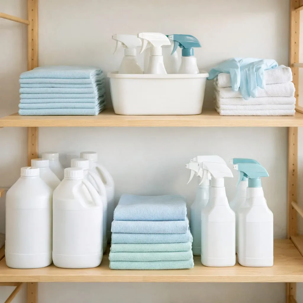Productos y material de limpieza profesional ordenados en estanterías