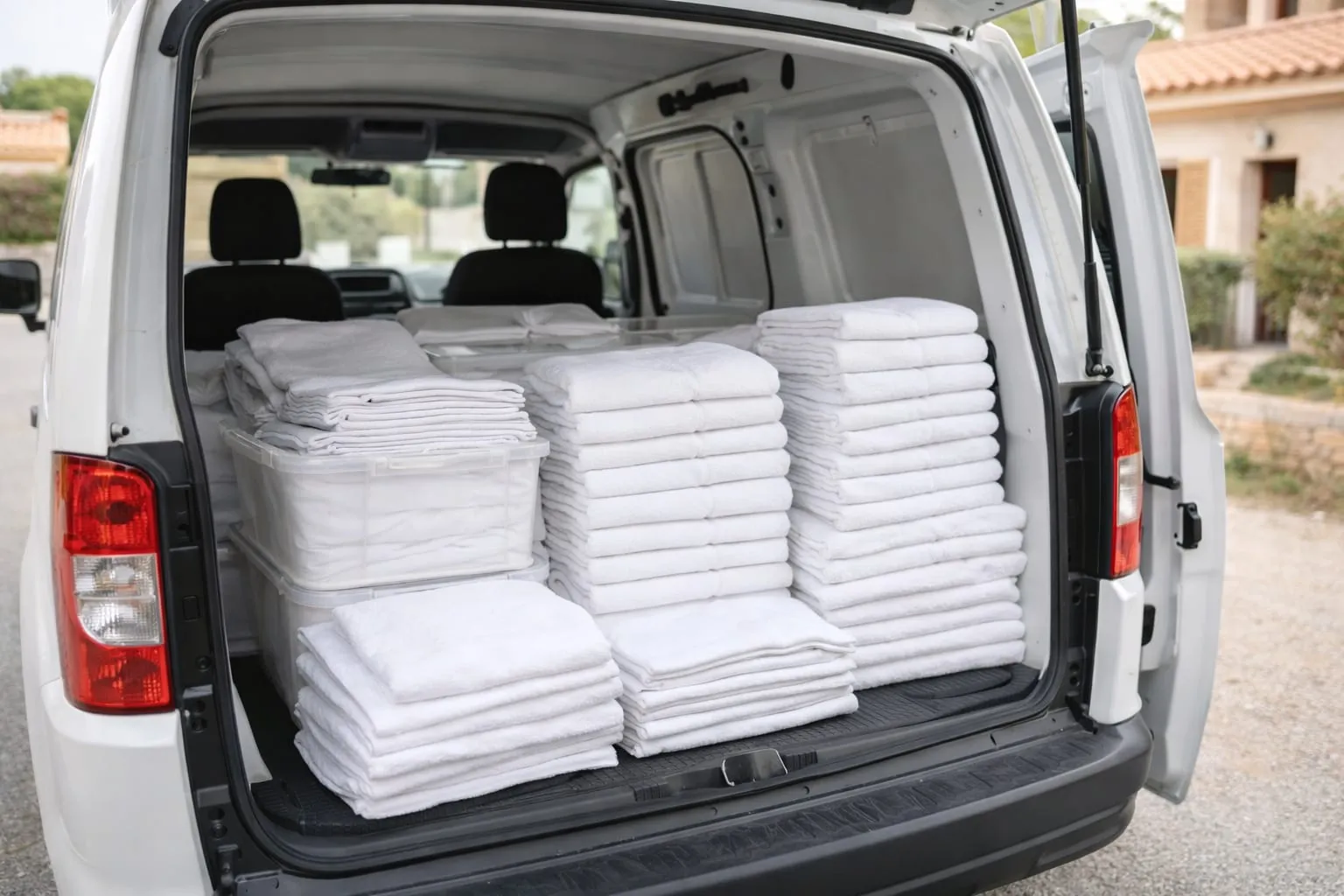 Furgoneta cargada con lotes de toallas y ropa de cama limpia para entrega