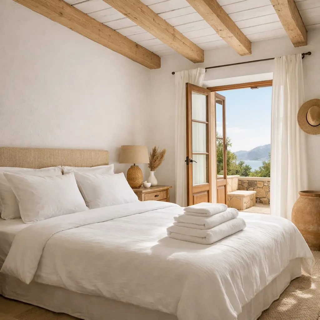 Dormitorio de casa vacacional con cama hecha y toallas preparadas para el huésped
